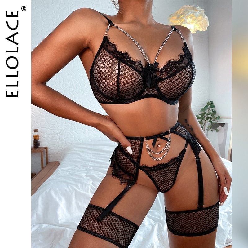Ellolace Lingerie Lace Exotic Costumes Transparent Mesh Bra Sexy And Erotic Outfits Garters with Chain Porn Sensual Intimate