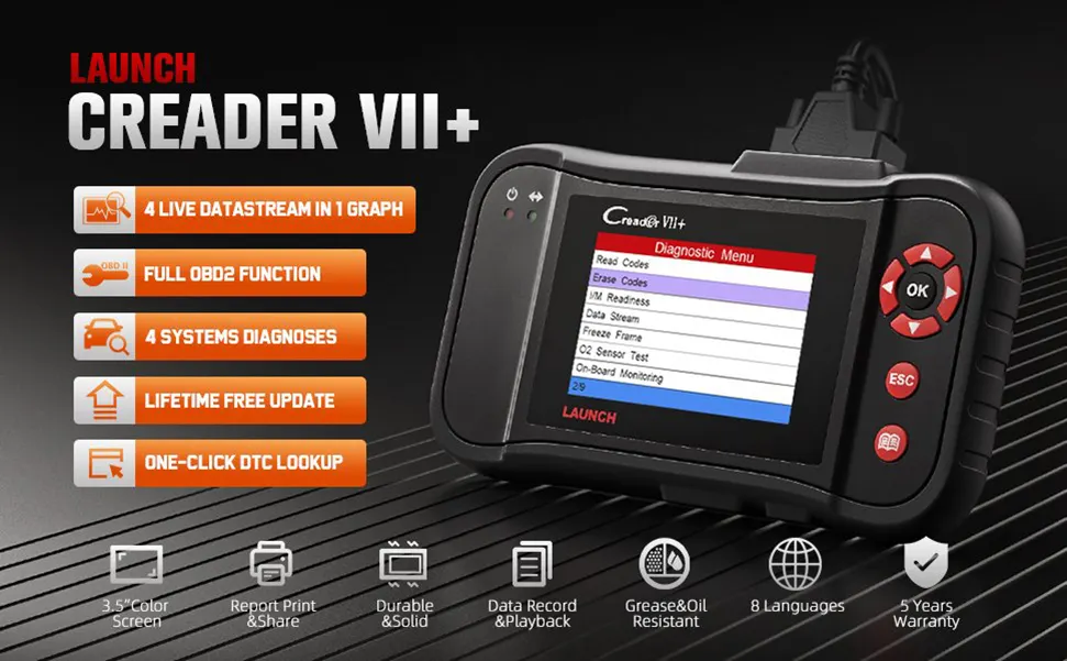 LAUNCH Creader VII+ ABS SRS Transmission and Engine Code Reader