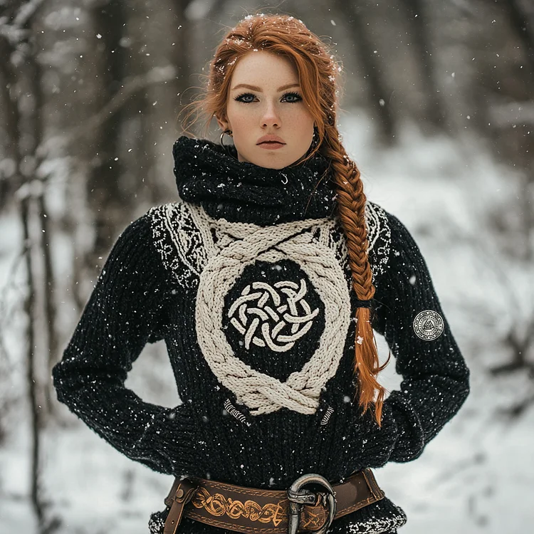 Women's Viking Tribal Jacquard Celtic Inspired Chunky Knit Hooded Sweater