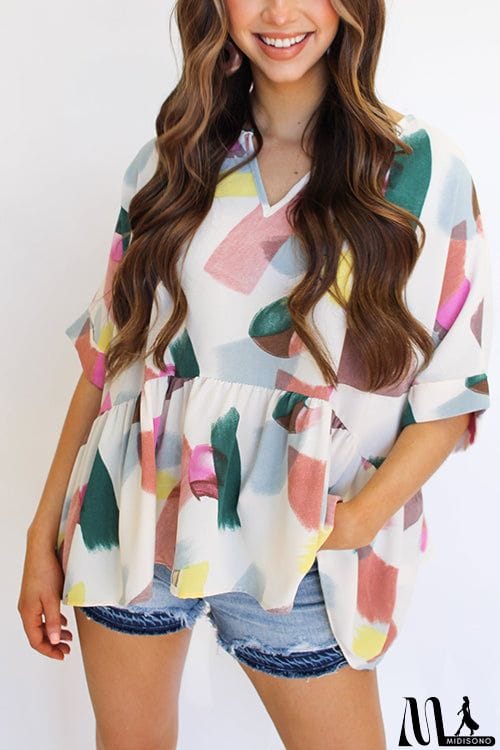MidiSono - Print Cuffed Sleeves Peplum Blouse