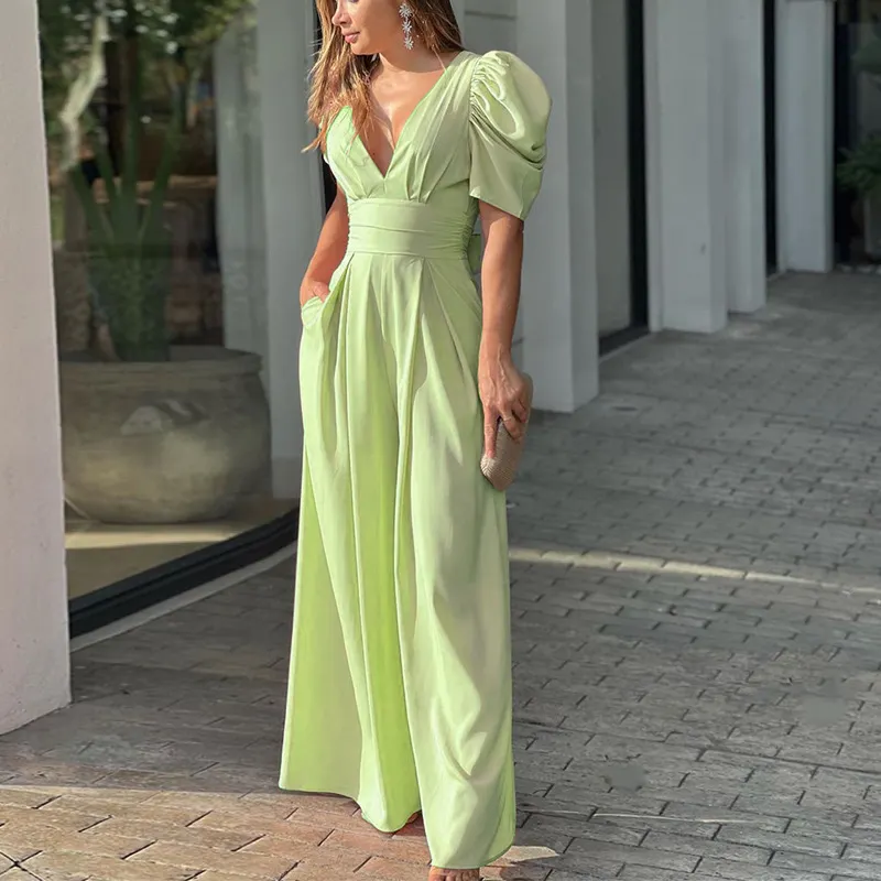Uveng Uveng 2024 New Women's Short-Sleeved Fashion Elegant Plus-Size Wide-Leg Jumpsuit