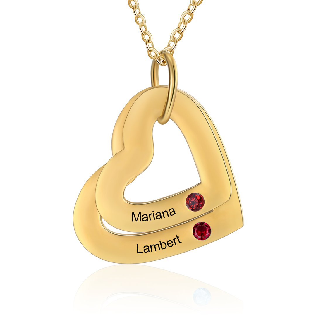 Personalized Heart Necklace With 2 Birthstones Custom Names Necklace