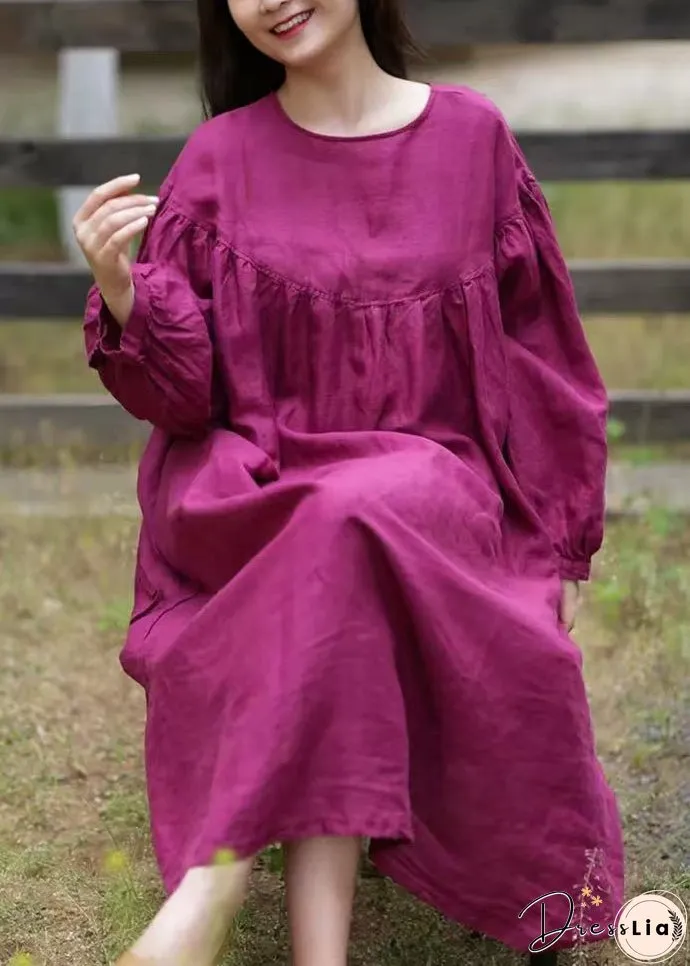 Loose Rose O Neck Button Solid Cotton Long Dress Fall