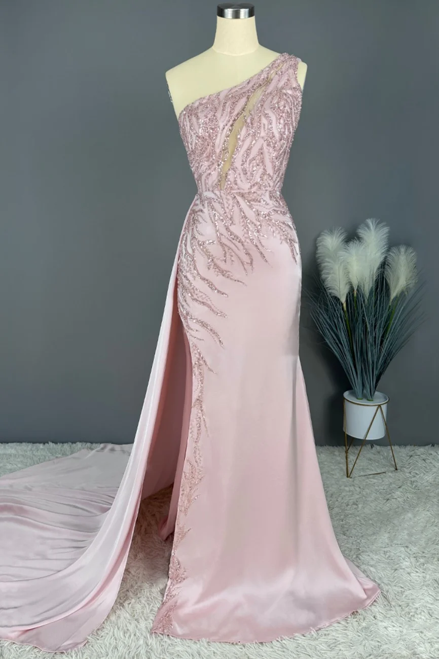 Okdais Blushing Pink Prom Dress Long Party Mermaid Sequins Sleeveless One Shoulder X0026