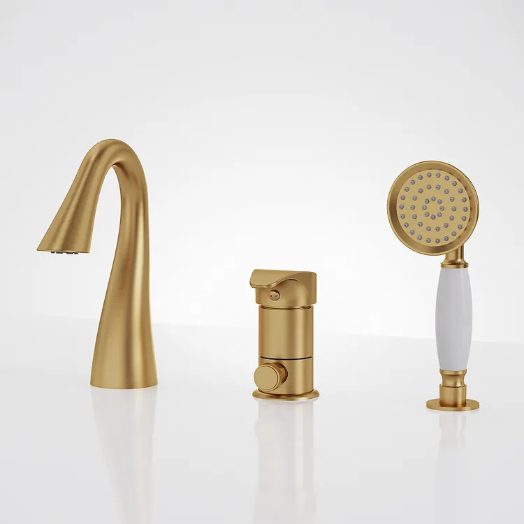 EVERSTEIN 8.5" H Deck Mount Brass Bathtub Faucet with Handheld Shower Brushed Gold