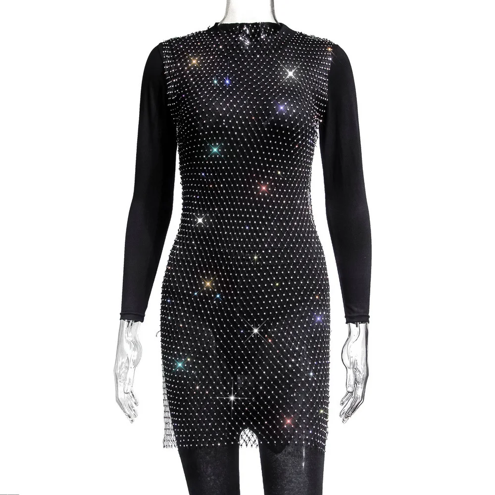 Brownm Brownm Women's Mesh Flash Diamond Round Collar Dress 945