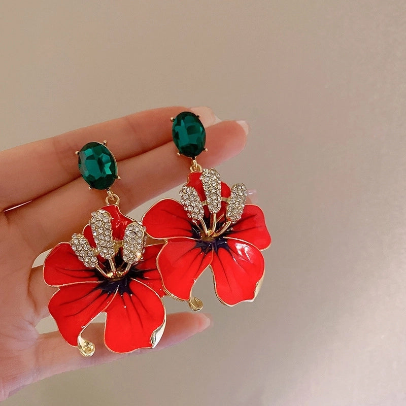 1 Pair Minimalist Flower Copper Enamel Rhinestones Drop Earrings Ear Studs