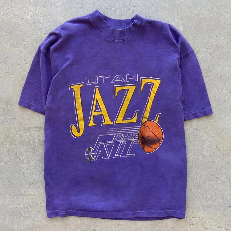 Fashion Retro Letters Basketball Print Short Sleeve T-Shirt