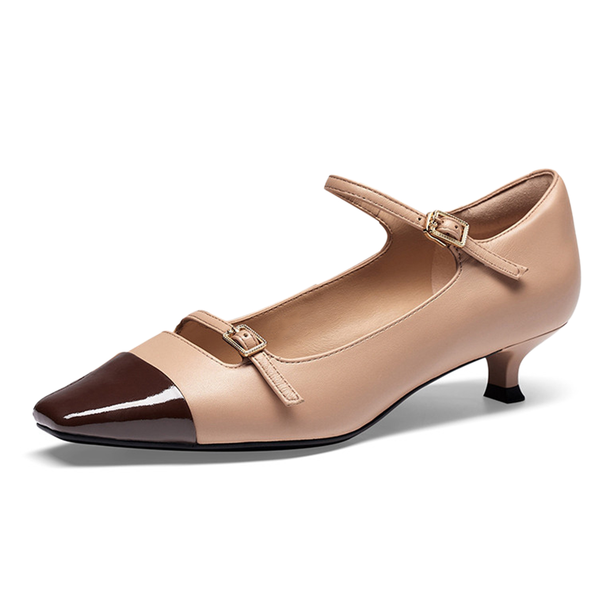 Nude & Brown Square Toe Pumps Heels with Two Buckled Straps Nicepairs