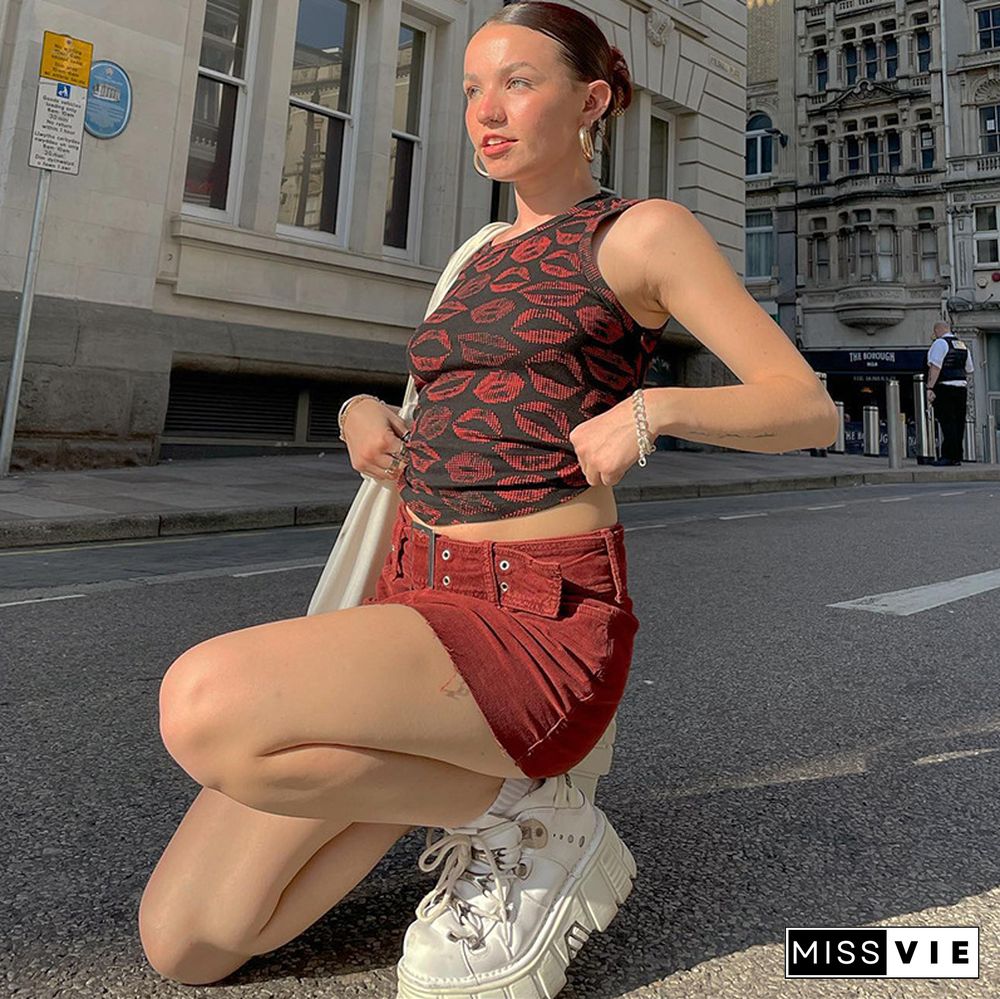 Y2k Aesthetic Lip Print Crop Tops Women Grunge Fairy Core Backless Tshirt Vintage Sweat Shirts Graphic Tee Streetwear