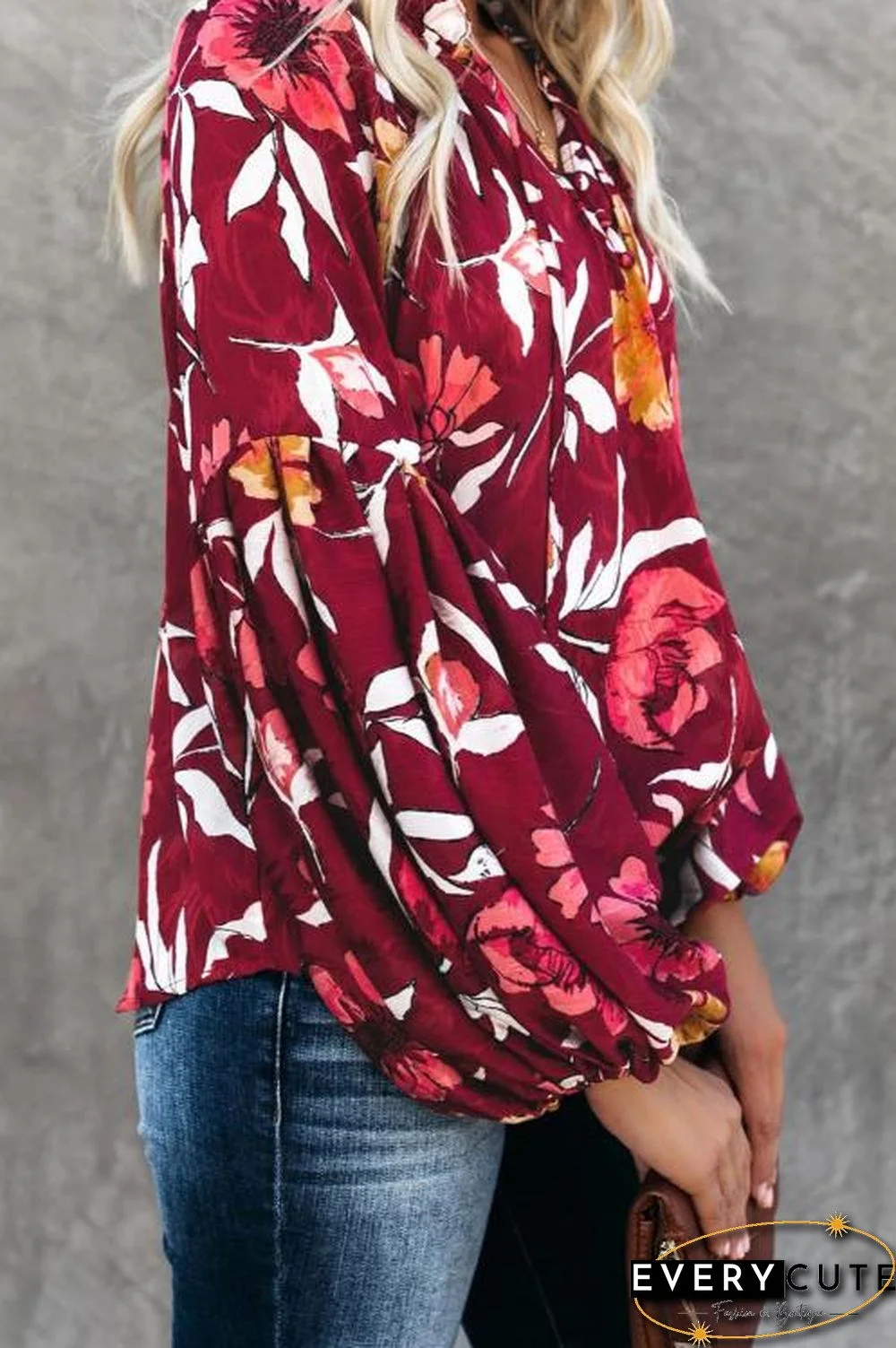 Red Hues Of Autumn Floral Lantern Sleeve Blouse