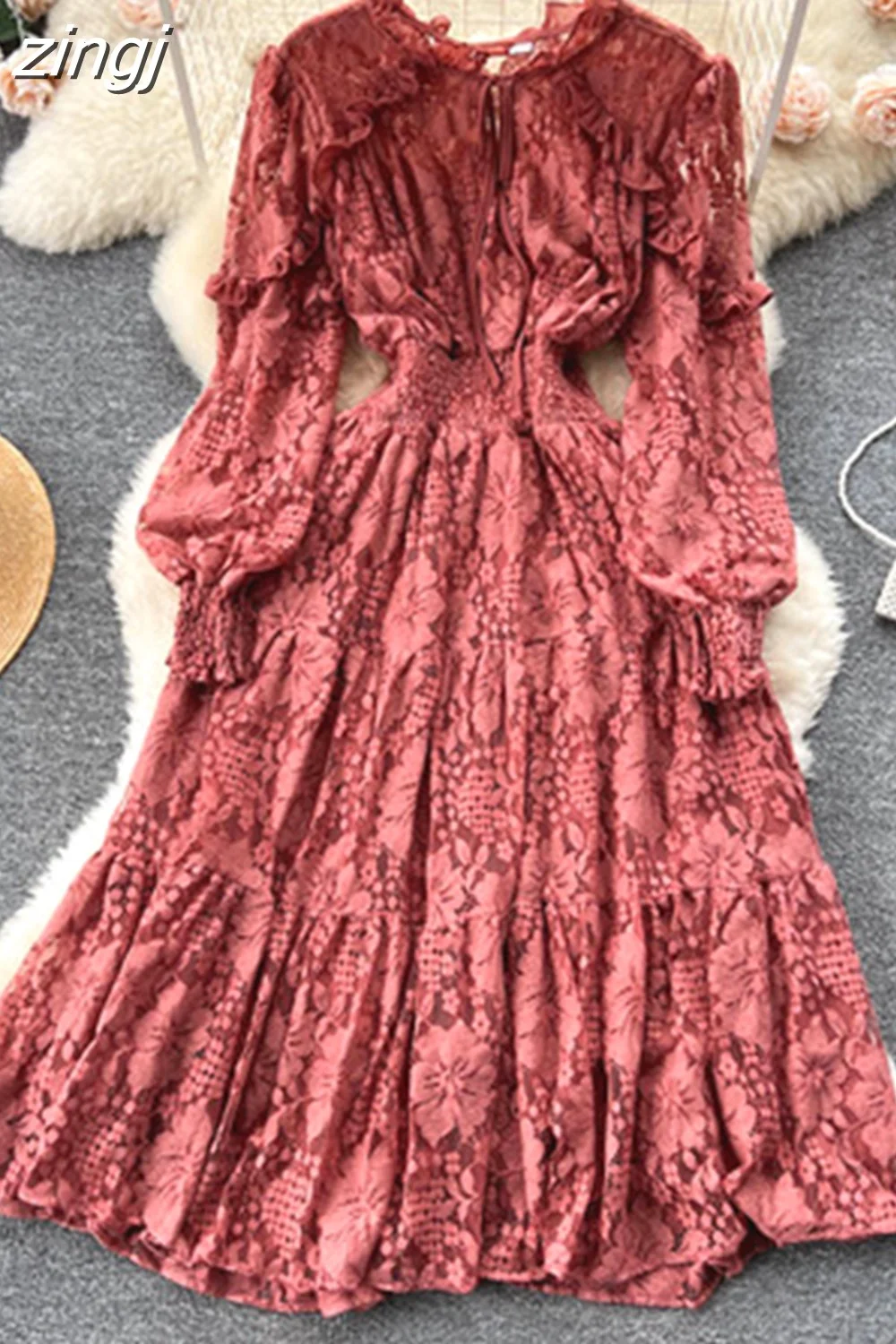 zingj Autumn Women Lace Midi Dress Vintage Round Neck Lantern Long Sleeve High Waist A-Line Elegant Party Robe New Fashion 2023