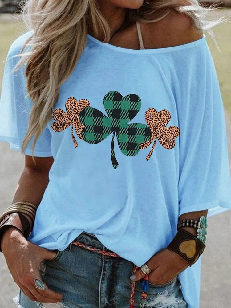 Bestdealfriday Plaid Clover Graphic Short Sleeve Round Neck Tee