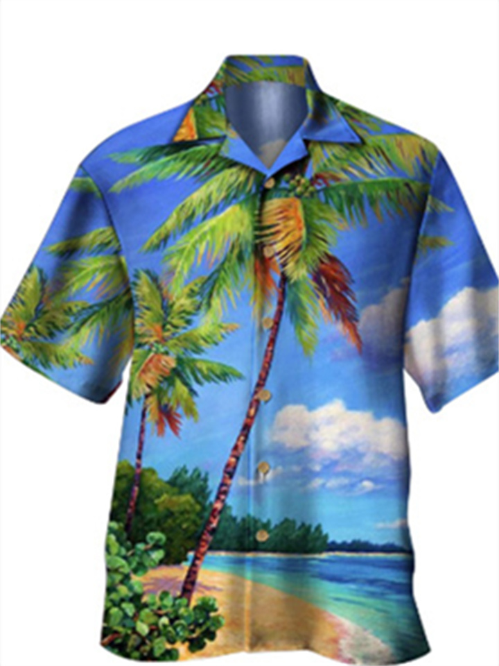 Men's Shirt Summer Hawaiian Shirt Graphic Prints Palm Tree Turndown Navy Blue Blue Sky Blue Purple Green Casual Holiday Short Sleeve Button-Down Print Clothing Apparel Tropical Fashion Hawaiian Soft
