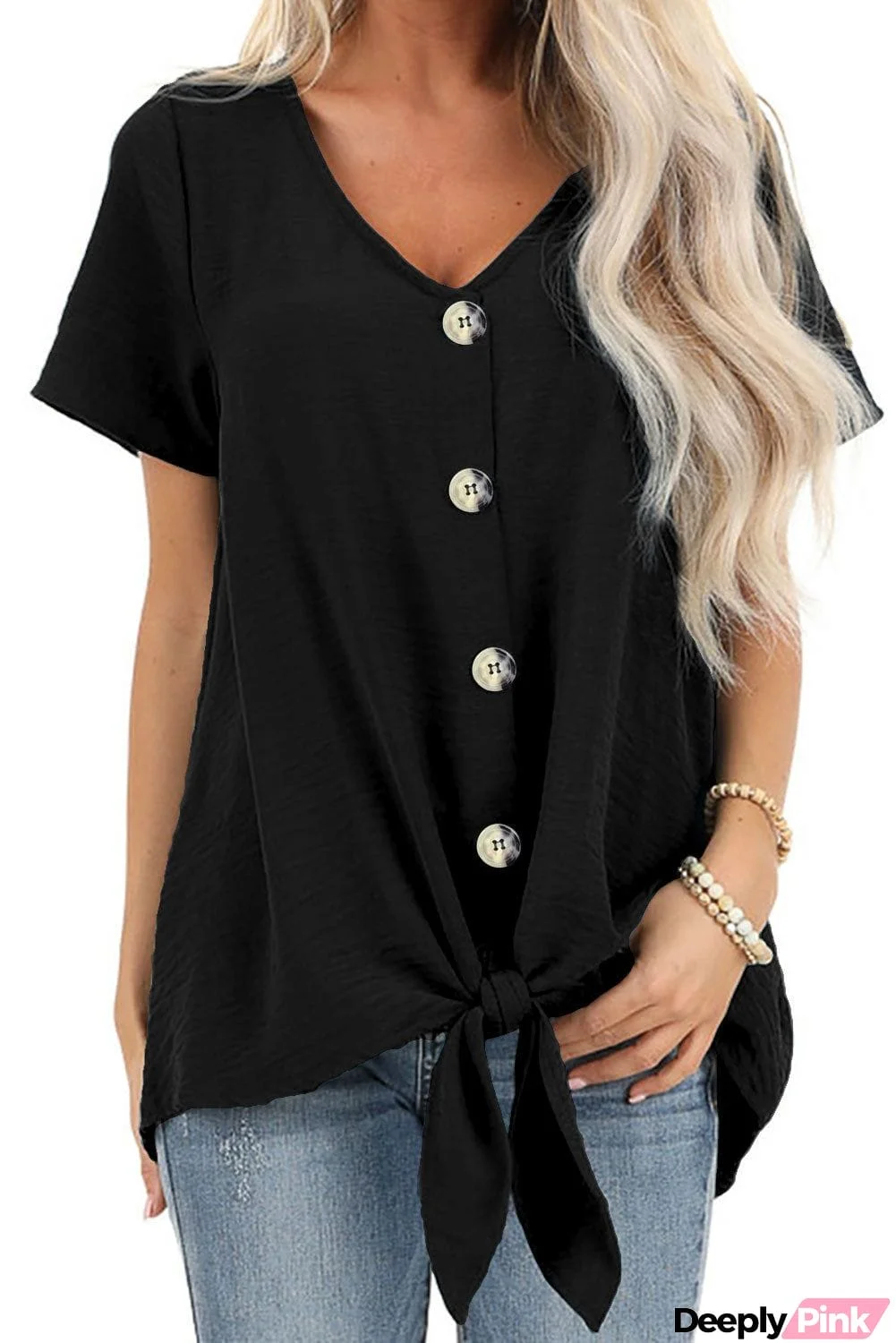 Button Up Front Tie Detail Woven Top