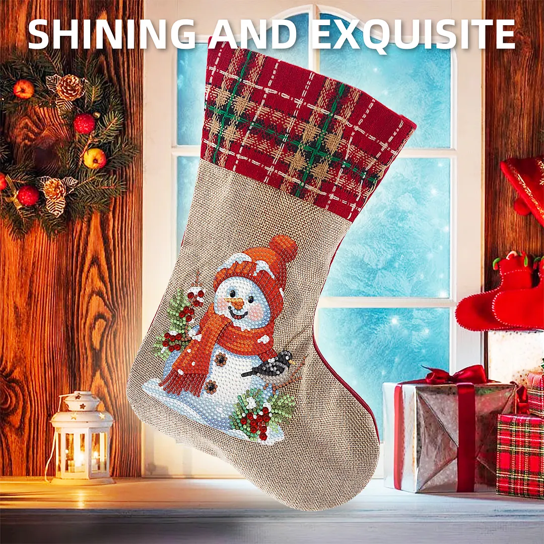 DIY Diamond Painting Christmas Stockings Hanging Ornaments Large Capacity Xmas Socks Pendant Wear Resist Candy Gift Storage Bags for Family Christmas Holiday Party Decoration (Snowman and Bird)