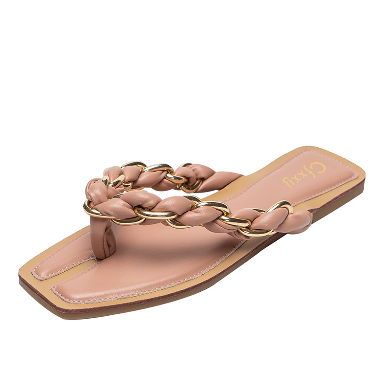 Chain Straw Braided Flip-On Sandals
