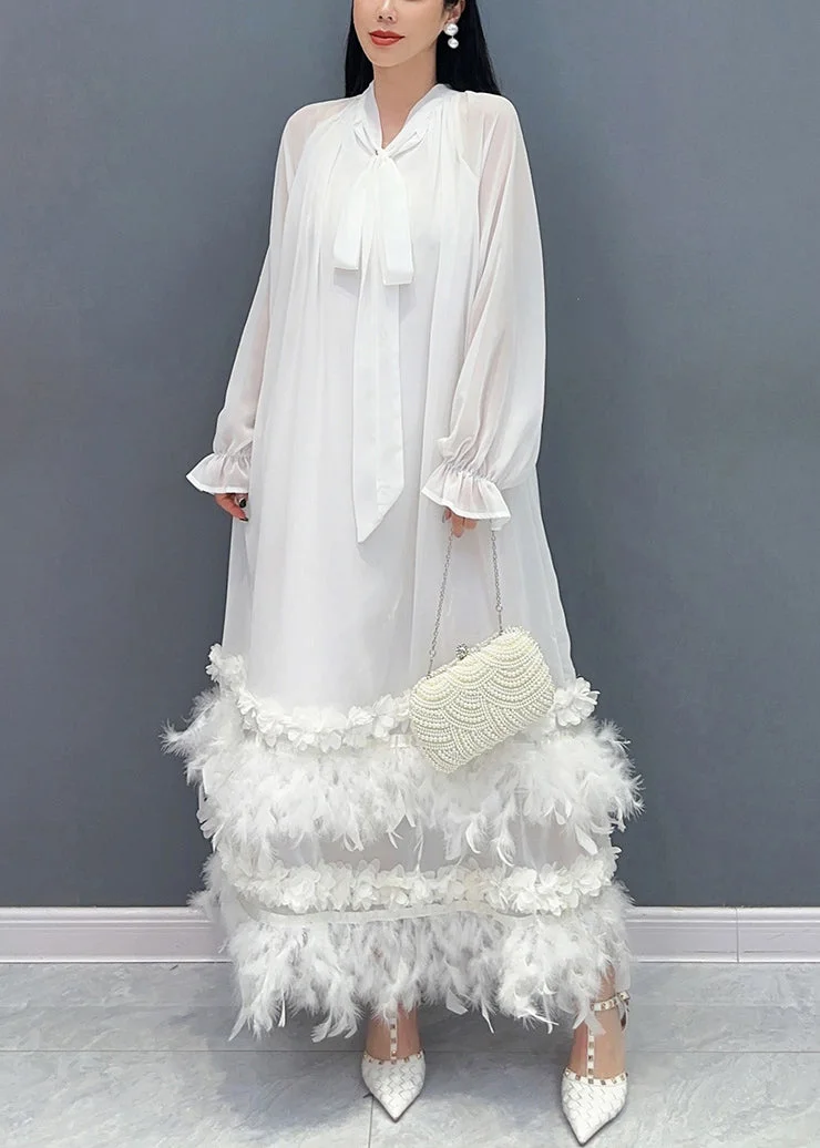 Chic White Feather Lace Up Patchwork Chiffon Maxi Dress Long Sleeve