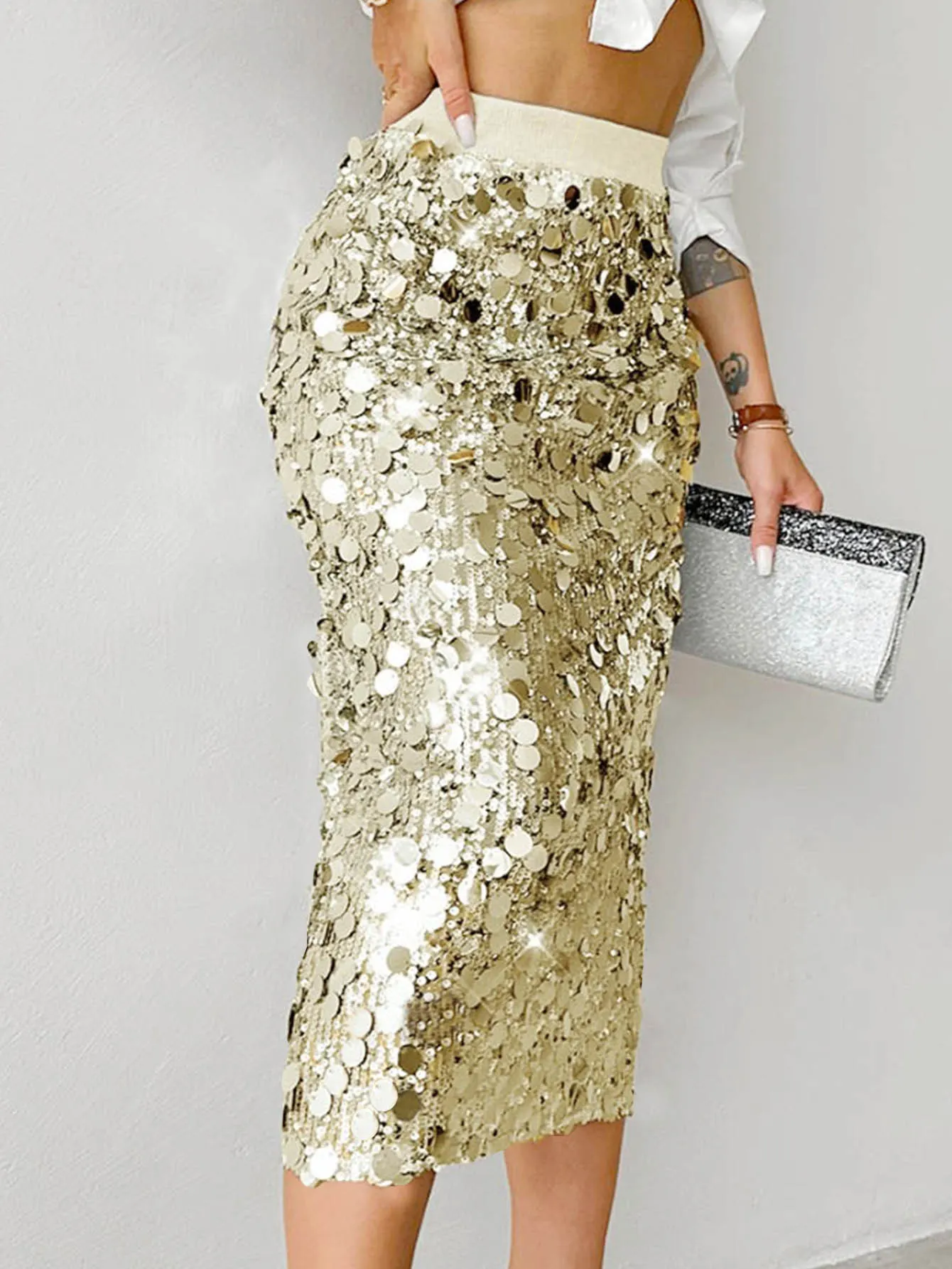 Silver Round Sequin Elastic Waist Midi Pencil Skirt