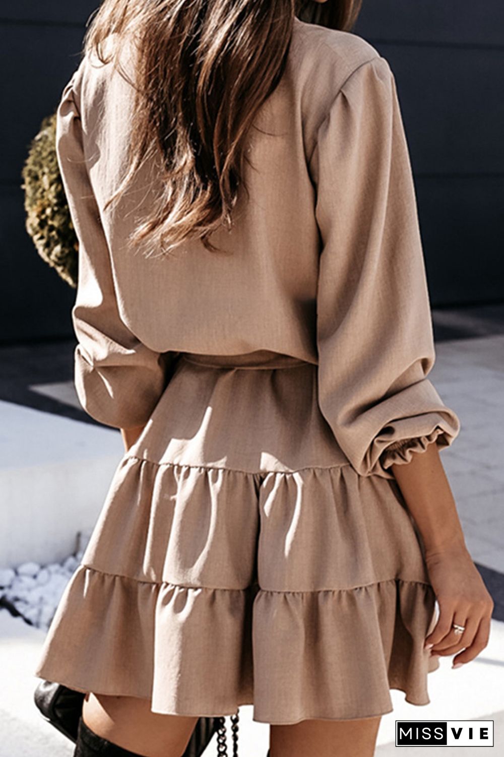 Fashion Elegant Solid Frenulum Flounce V Neck A Line Dresses