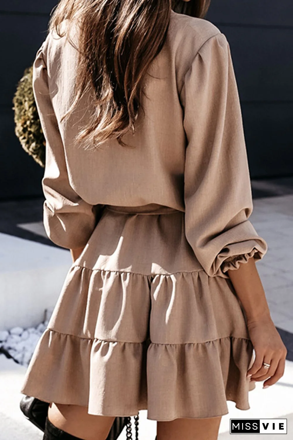 Fashion Elegant Solid Frenulum Flounce V Neck A Line Dresses