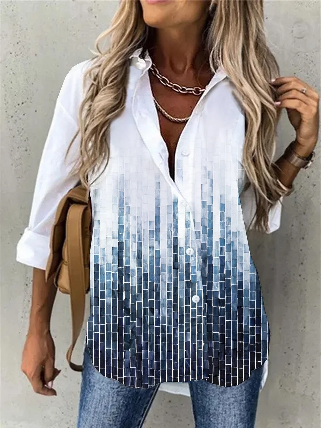 Casual Geometric Printed Shirt Collar Blouse