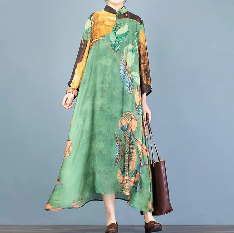 Simple green print Wardrobes stand collar asymmetric A Line Dresses