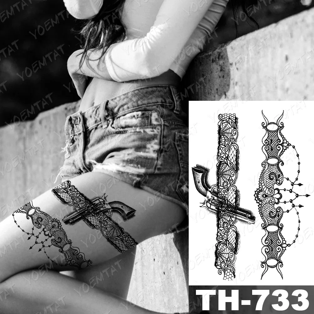 Waterproof Temporary Tattoo Sticker Sexy Lace Rose Tattoos Crown Ribbon Gun Body Art Arm Fake Tatoo Women Men
