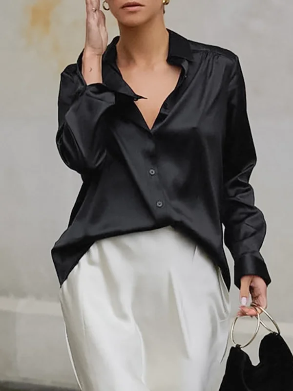 Long Sleeves Loose Solid Color Split-Joint Lapel Blouses