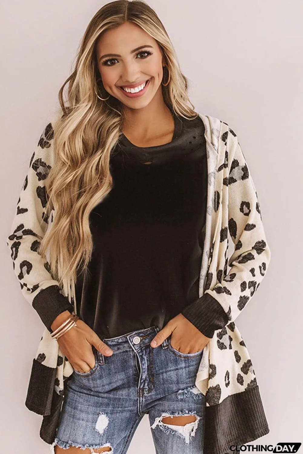 Print Hooded Open Front Cardigan