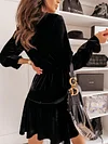 Velvet Solid Color Bandage  Puff Sleeve  Mini Dress
