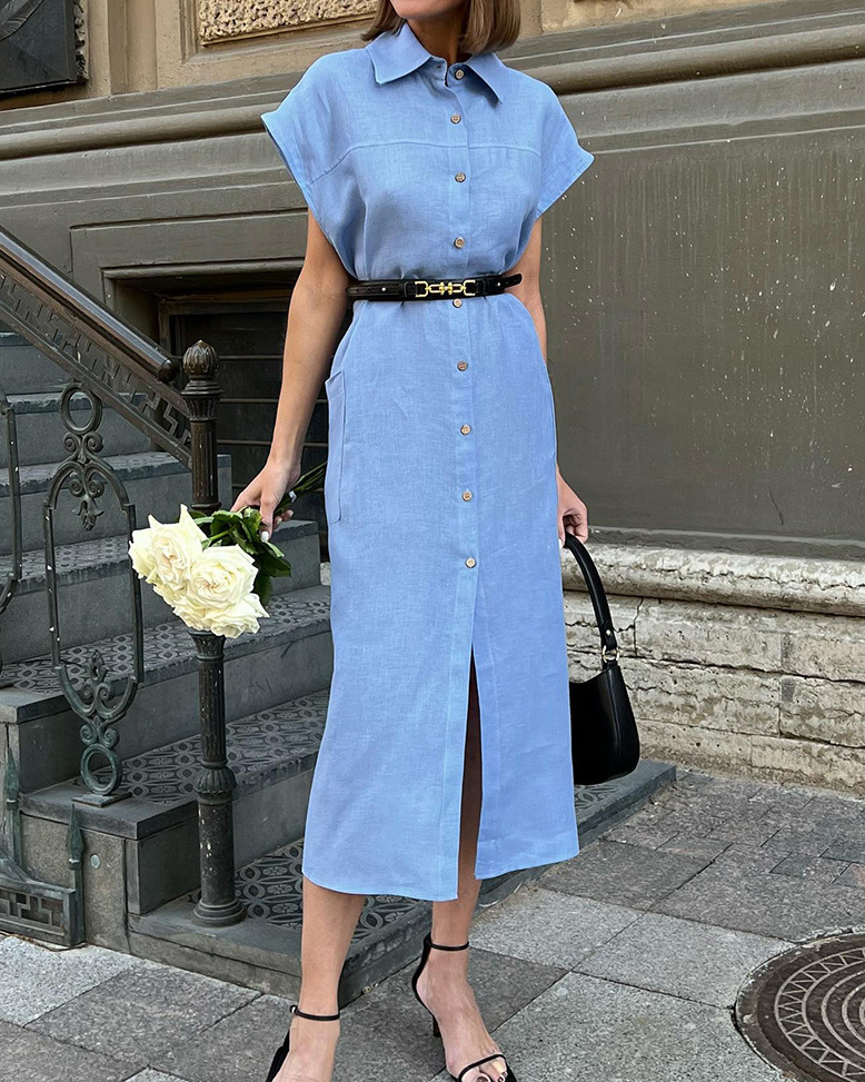 Cap Sleeve Lapel Solid Color Side Pockets Midi Dress