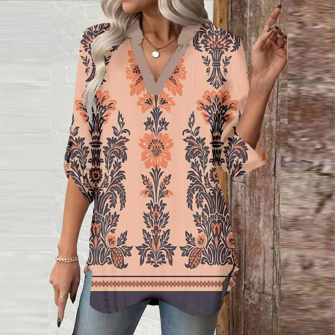 Women Retro,  Orange,  Black DZGA0422 3/4 Sleeve V-neck Printed Graphic Button Tops