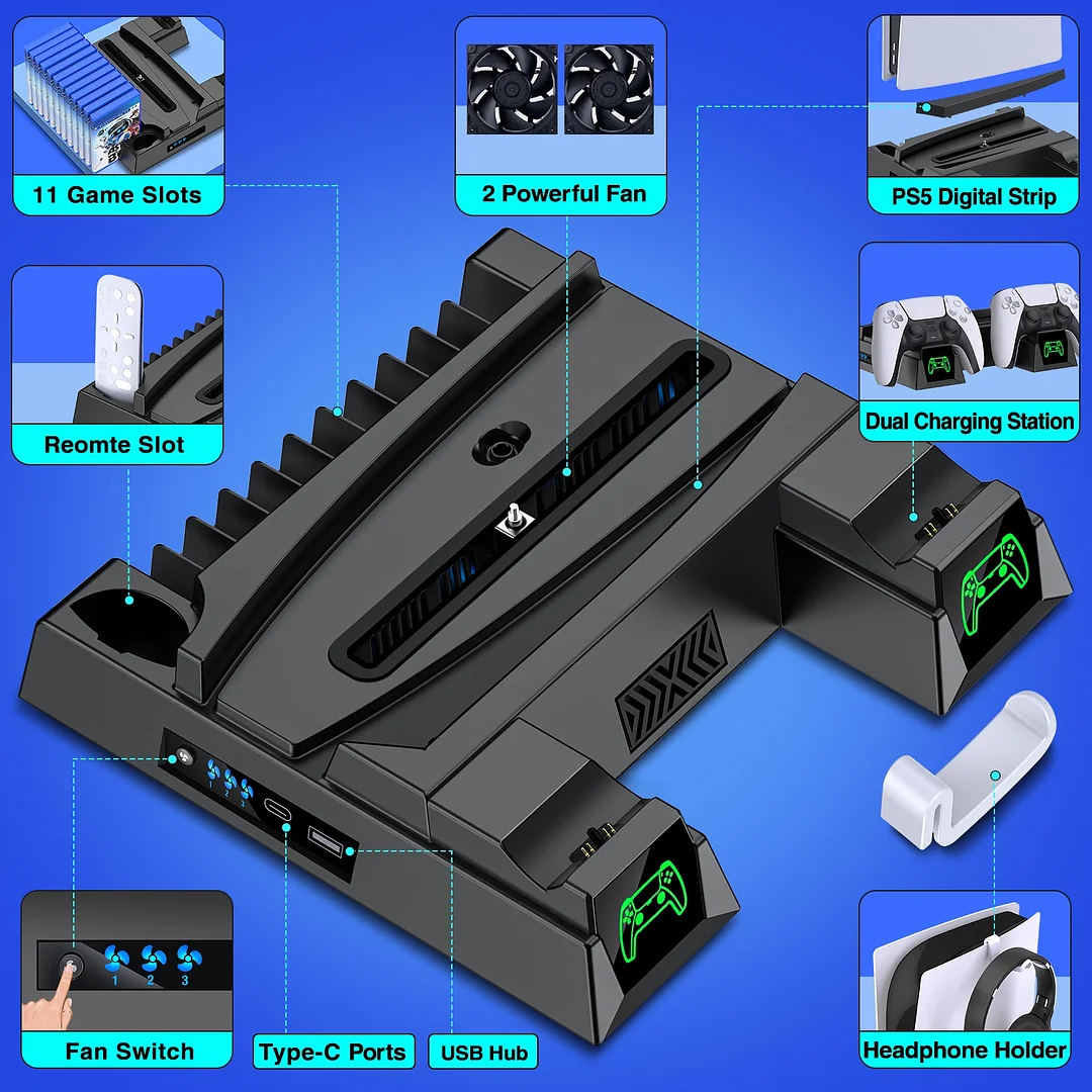 DinoFire Vertical Stand for PS5 with 2 Cooling Fan, Controller Charging Station for PS5 Dualsense/Digital/Disc Edition
