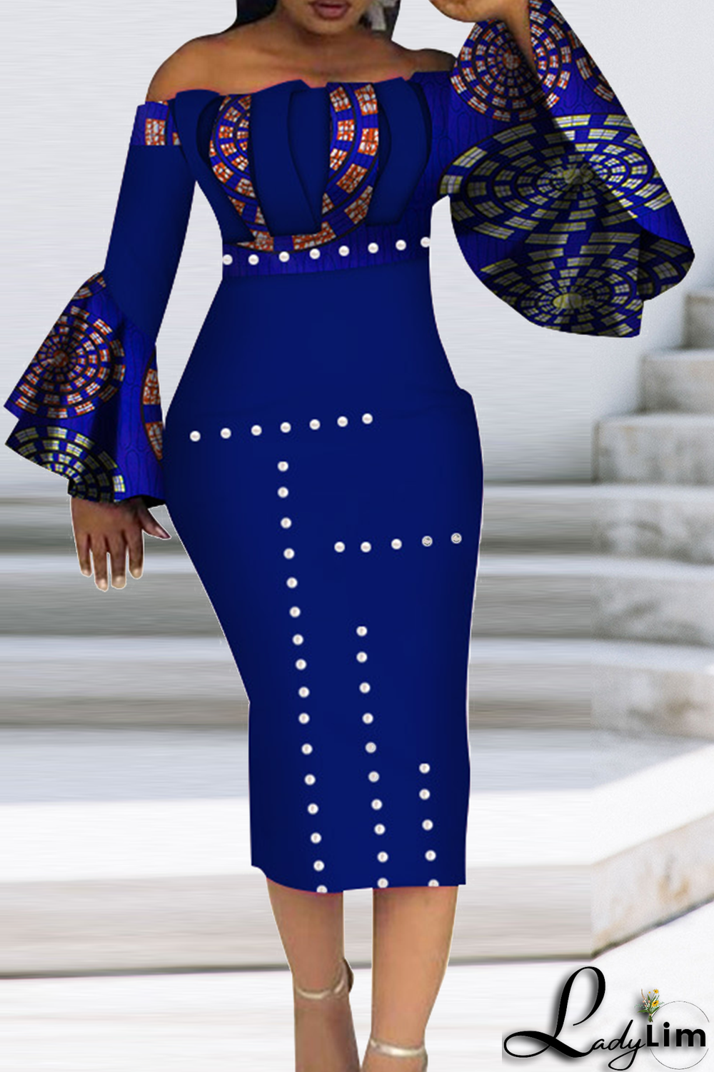 Dark Blue Vintage Print Patchwork Off the Shoulder Pencil Skirt Dresses