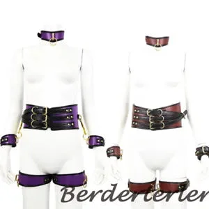 pornhint Pornhint PU Leather Set Collar Waistband Handcuffs Legcuffs Center Connection Women
