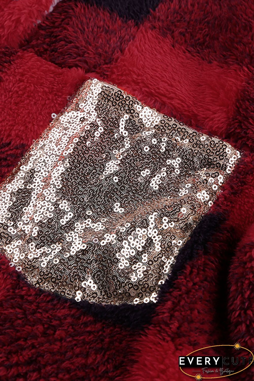 Red Plaid Sherpa Fleece Sweatshirt with Sequin Pocket