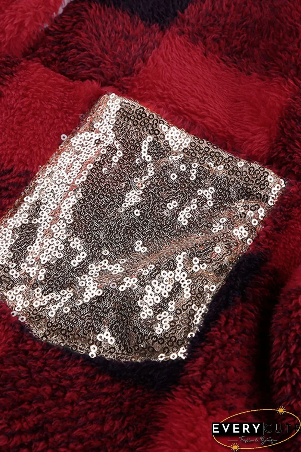 Red Plaid Sherpa Fleece Sweatshirt with Sequin Pocket
