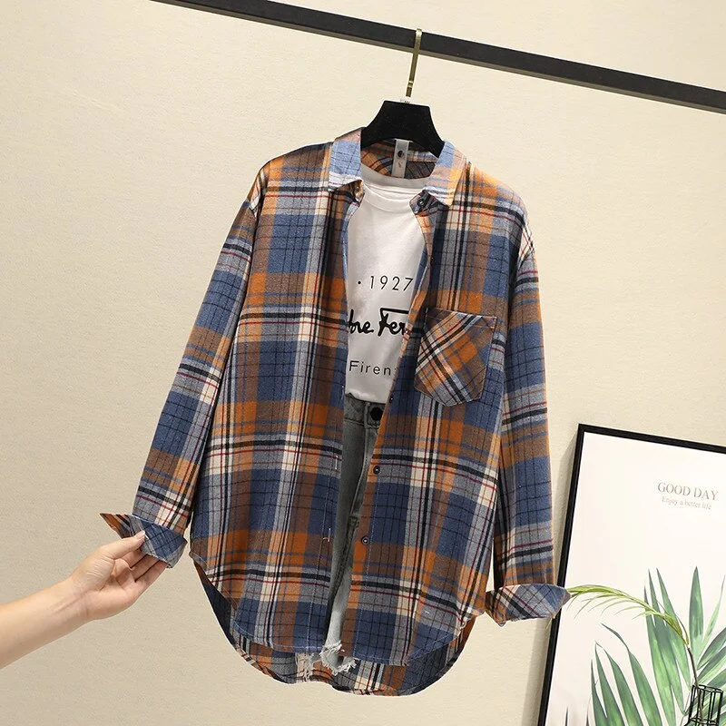Women Blouses Shirts Tunic Womens Tops 2020 Long Sleeve Clothing Button Up Down Plaid New Fashion Autumn Turn-down Collar Good