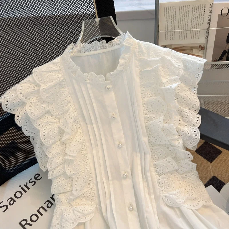 Huiketi 2023 Flying Sleeve White Shirts Woman Vintage Sleeveless Ruffled Lace Blouse For Woman Elegant Casual Sweet Tops 27709