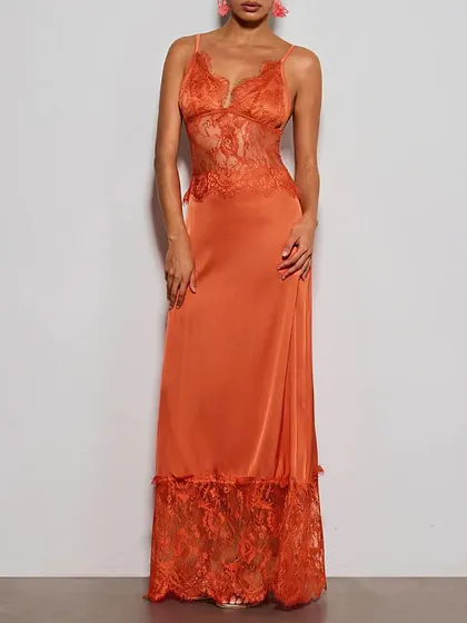 me and em orange lace dress ME+EM Two Tone Lace Fit & Flare Full Length Dress + Slip in Orange