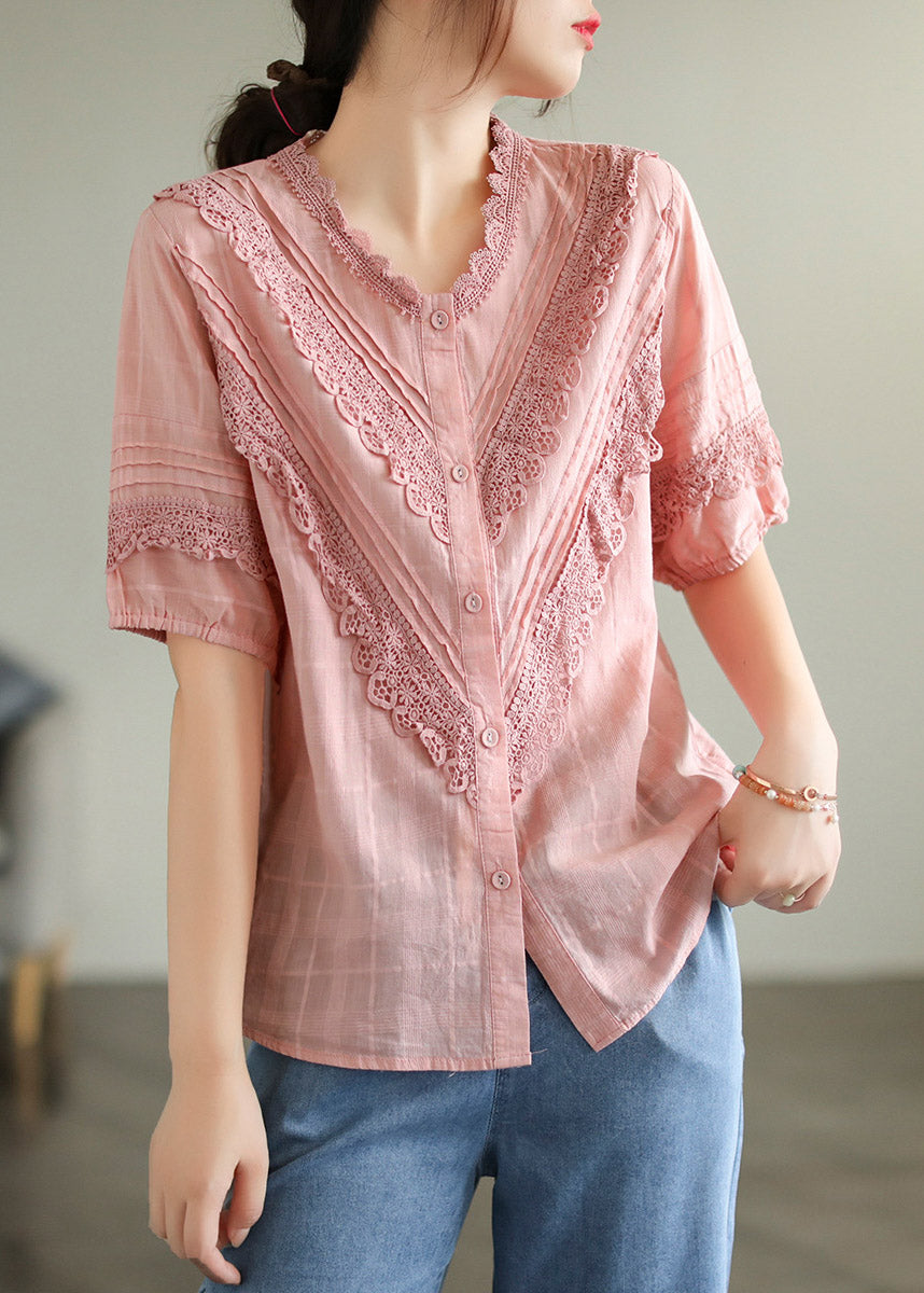 VCSHOES Pink V Neck Lace Patchwork Button Cotton Shirt Short Sleeve