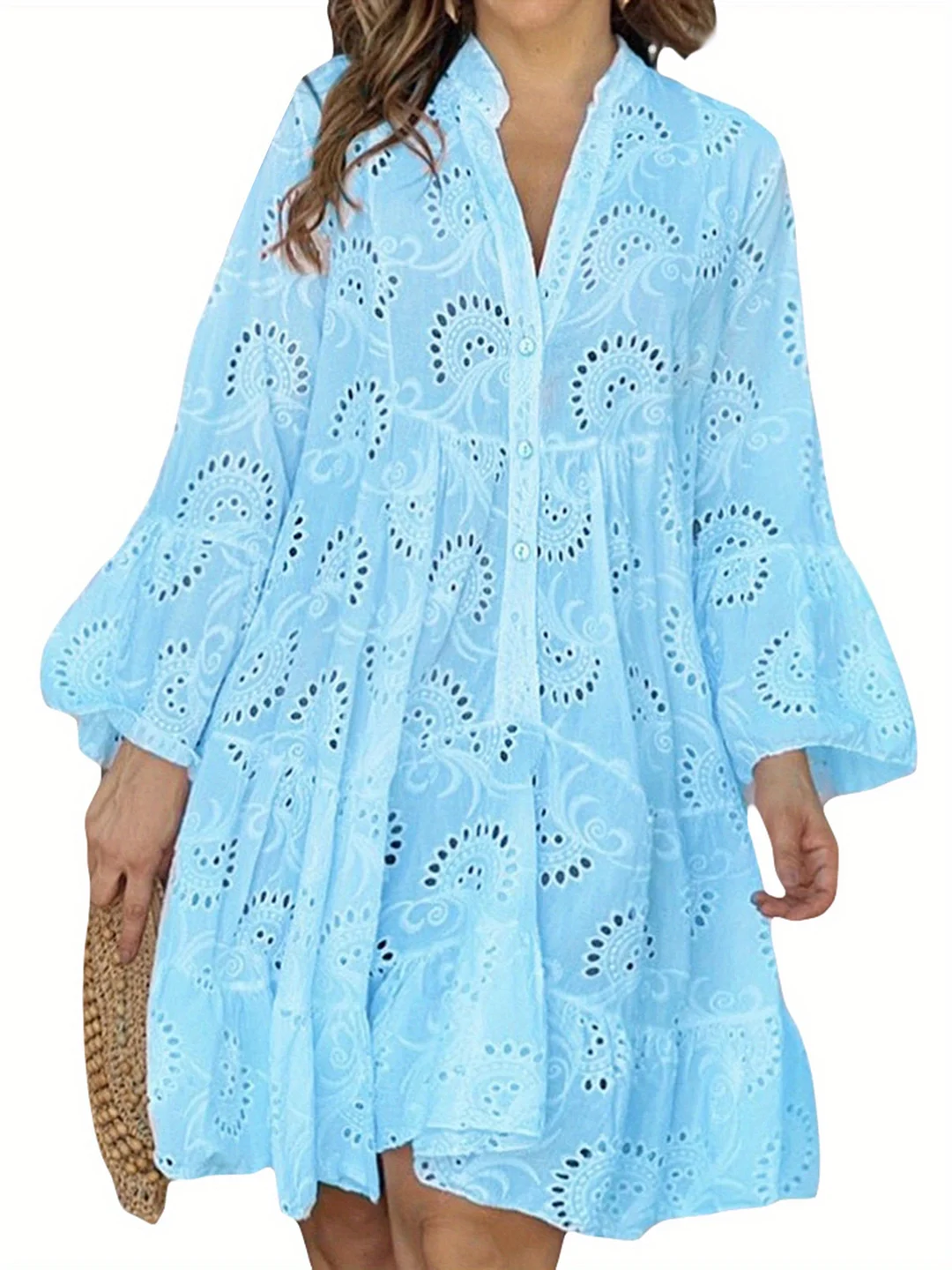 Women's Embroidery Lace Shirt Dress Eyelet Hollow Out Long Sleeve Front Button V-Neck Loose Midi Dress For Party