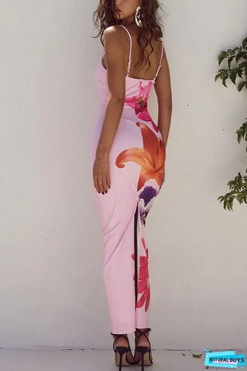 Meridress Spaghetti Strap Back Slit Lily Print Bodycon Maxi Dress