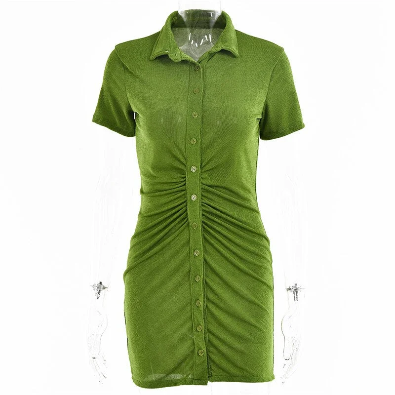Ruched Dress Women Summer Mini Shirt Dress 2021 Autumn Elegant Bodycon Dress Green Sexy Short Dress Ladies Slim Robe Femme
