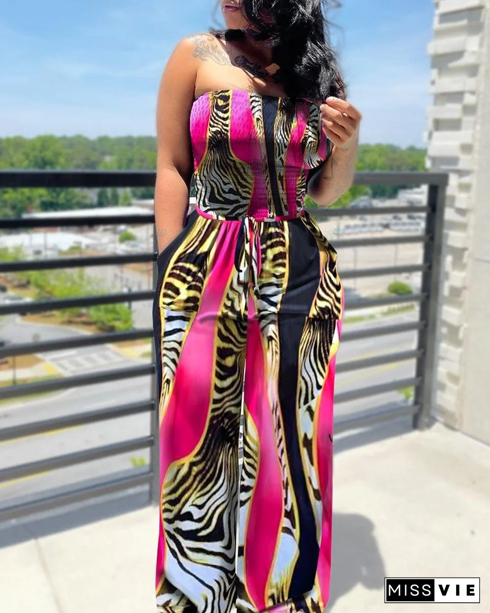 Animal Print Drawstring Waist Shirred Bodice Wide Leg Jumpsuit