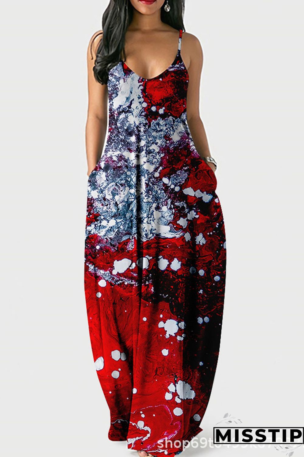 Dark Blue Casual Print Patchwork Spaghetti Strap Sling Dress Dresses