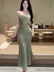 Ejimei Sexy Bodycon Satin Dress Women New Summer Spaghetti Strap Swinging Collar Mermaid Solid Evening Party Dresses Prom Robe Vestido