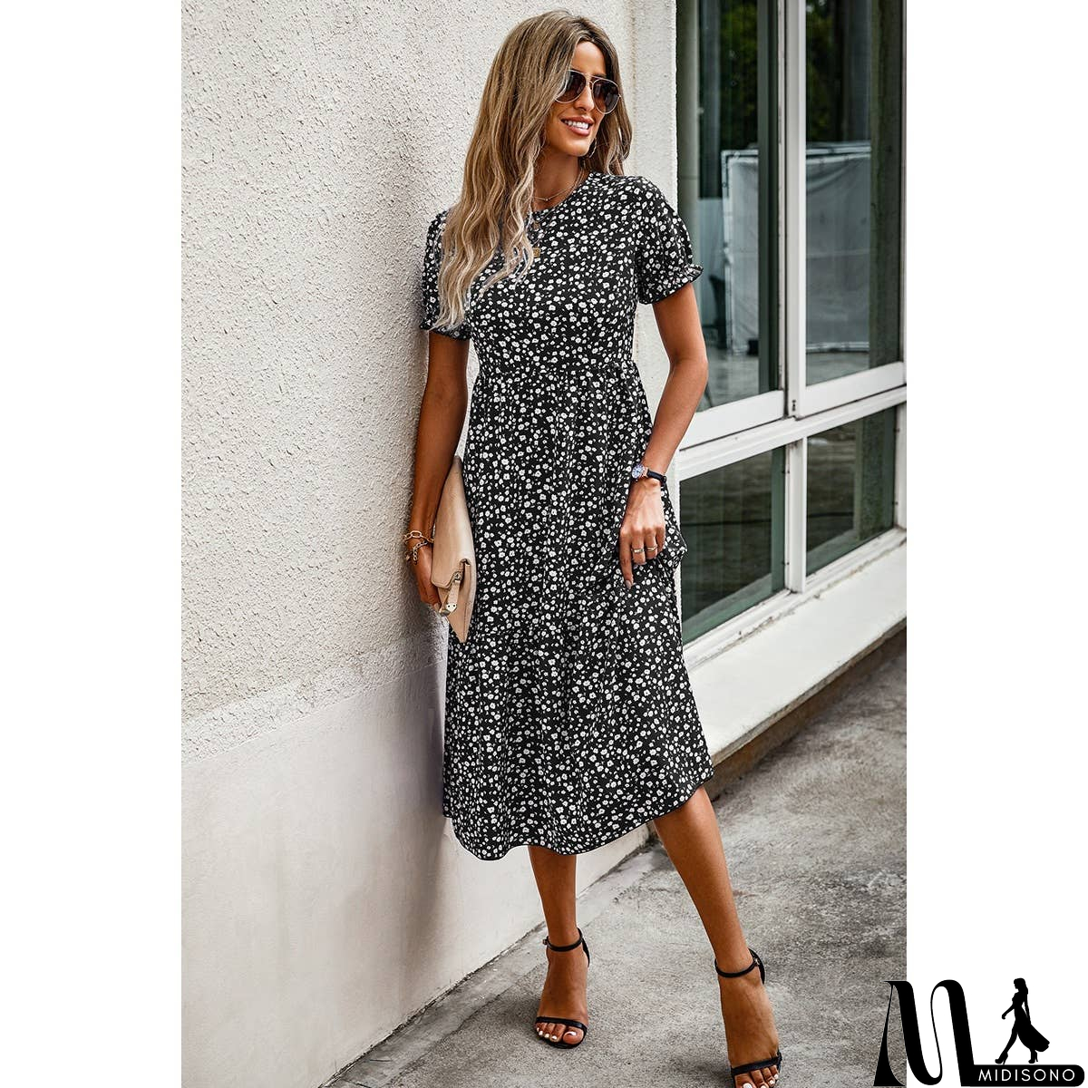 MidiSono - Floral Print Round Neck Color Block High Waist Fit Dress