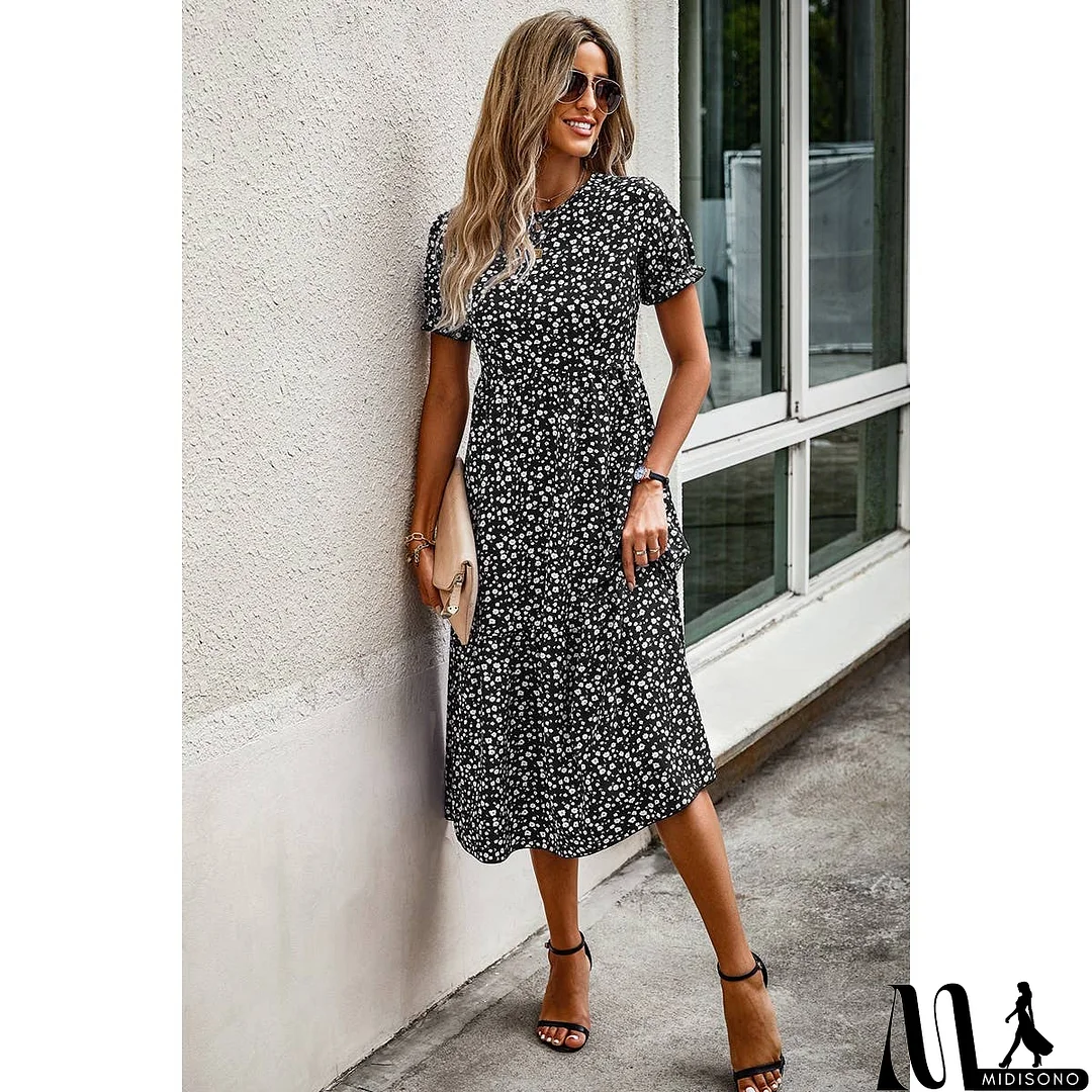 MidiSono - Floral Print Round Neck Color Block High Waist Fit Dress